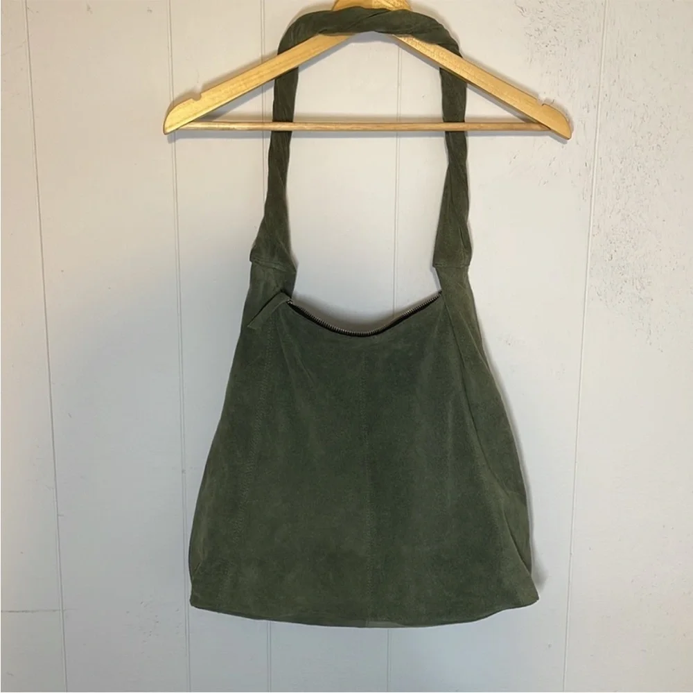 Topshop Suede Slouch Shoulder Bag Green Top Zip - Picture 2 of 8